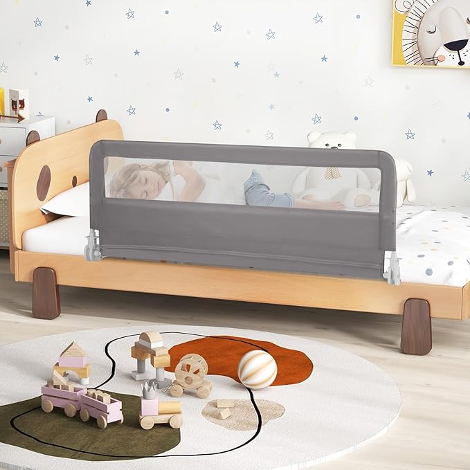 HONEY JOY Bed Rail for Toddlers, 59-in Extra Long, Portable Safety Bed Guardrail w/Double Safety Child Lock, Foldable Baby Bed Rail Guard, Fit King & Queen Full Twin Size Bed Mattress (2 Pack, Gray)