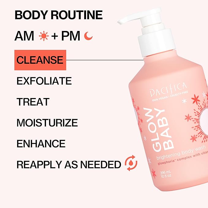 Pacifica Glow Baby Brightening Body Wash – Vitamin C & AHA Exfoliating Body Wash for Glowing Skin, Moisturizing Daily Shower Gel for Dull Dry Skin, Niacinamide & Kakadu Plum, Vegan, 10 oz