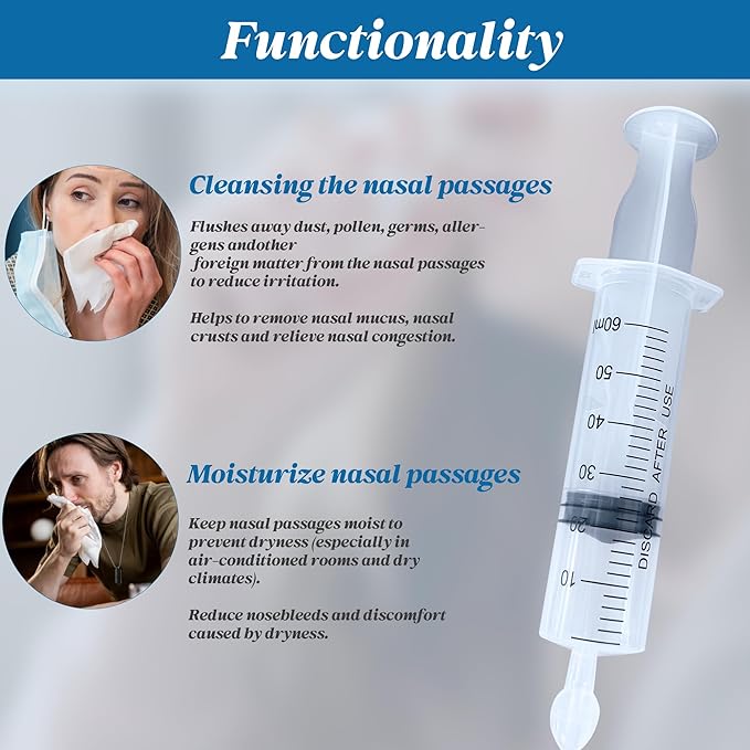 Deepdeem Nasal Irrigator Syringe – Sinus & Allergy Relief with Gentle Nasal Irrigation for Congestion, Portable Home & Travel Use, Includes 10 Saline Flush Packets, BPA-Free & Easy to Clean 60ml