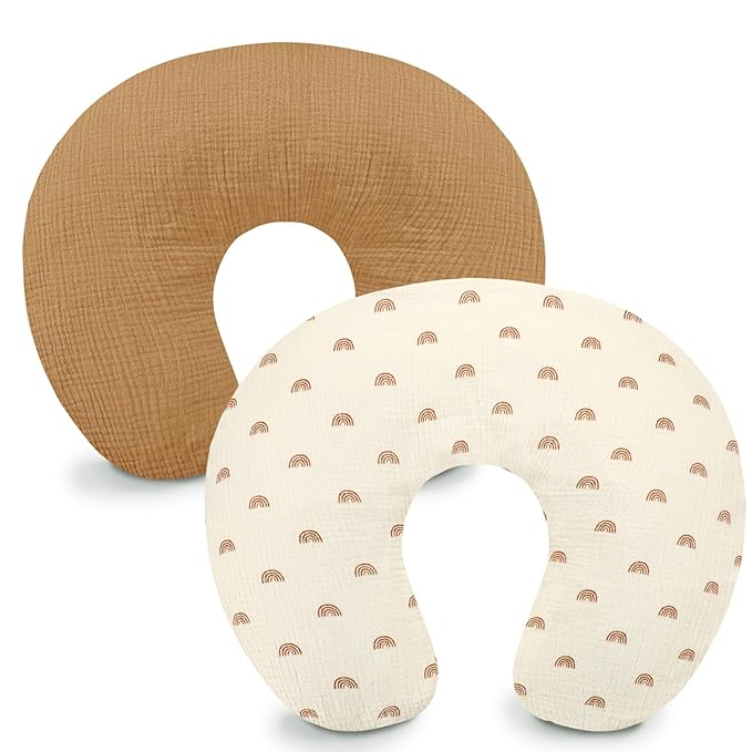 Hooyax Muslin Nursing Pillow Covers 2 Pack, Soft and Breathable Nursing Covers for Breastfeeding Pillows, Adorable Infant Feeding Pillow slipcover for Baby Boy and Girls (Brown Rainbow)