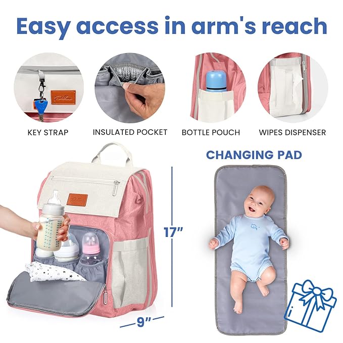 PILLANI Baby Diaper Bag Backpack - Large Bag for Boys & Girls, Waterproof Diaper Backpack - Travel Diaper Bags w/Changing Pad, Baby Registry Search & Shower Gifts - Essentials Must Haves Newborn Stuff