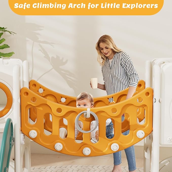 KORIMEFA 10 in 1 Toddler Slide Set, Kids Slide for Toddlers, Outdoor Indoor Playground for Toddlers 1-3, Toddler PlaySet with Basketball Hoop and Ball Golf Set, Climbing Arch(Yellow & Green)