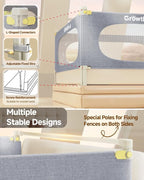 3-Piece Queen Size Bed Rail for Toddlers, Baby Bed Rail Guard with Height Adjustable, Kids Safety Toddler Bed Rail for Queen Size Bed (78.7"x78.7"x59"- Grey).