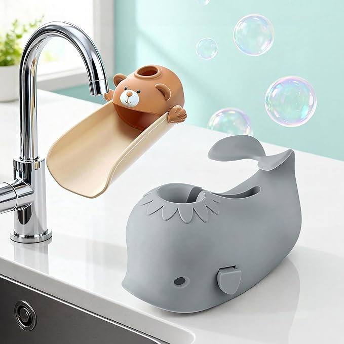 Skyroku Toddler Faucet Extender & Blue Bathtub Spout Cover, Sink Extender with Temperature Sensor for Bathroom Sinks, Kitchen, Bathtubs, Bundle and Save! (BrownGrey)