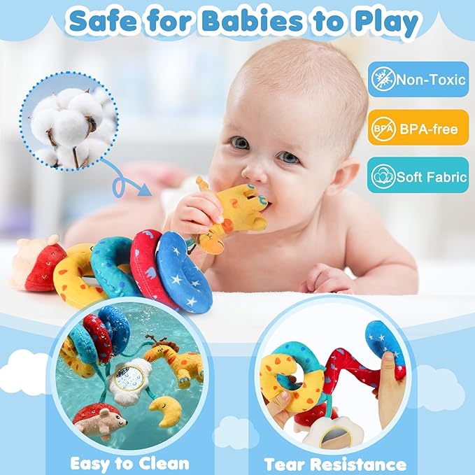 URMYWO Spiral Car Seat Toys for Babies 0-6 Months, Hanging Toy Fits Stroller, Developmental Sensory Baby Toy with Bell Crinkle Mirror, Baby Travel Gear Shower Gift for Boys Girls
