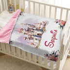 Personalized Baby Blankets for Girls, Custom Name Floral Castle Pattern Baby Blanket, Soft Minky Dot Blanket for Newborns and Toddlers, Ideal for Baby Showers Christmas Brithday Gifts
