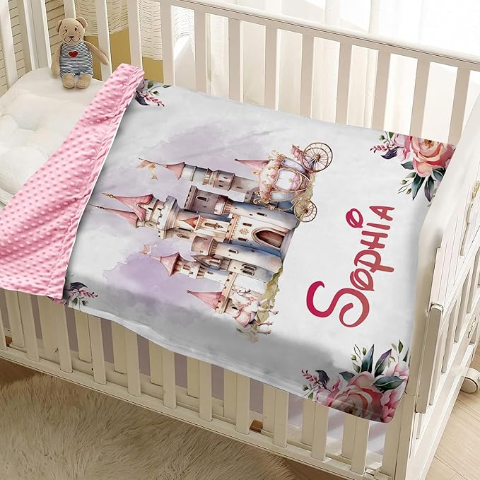 Personalized Baby Blankets for Girls, Custom Name Floral Castle Pattern Baby Blanket, Soft Minky Dot Blanket for Newborns and Toddlers, Ideal for Baby Showers Christmas Brithday Gifts