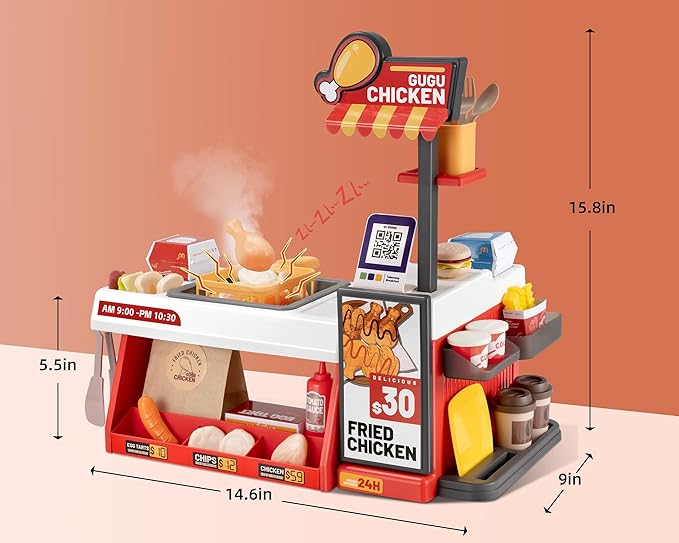 Kids Kitchen Food PlaySet - Simulated Fried Chicken Fast Food Store Toy with Cash Register, Includes Color-Changing Food, Suitable Birthday Gift for Boys and Girls Aged 3-5