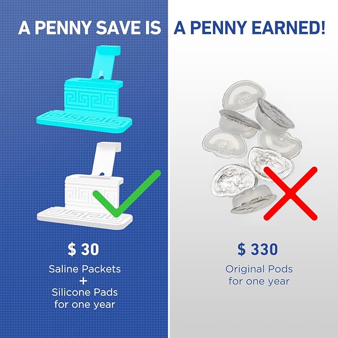 FireAnt 100 Saline Packets and 16 Pack Silicone Saline Pods Refills Set, Compatible with Navage Nasal Care — Includes 100 Count Salt Packets Sinus Rinse + 16 Reusable Salt Pads in White & Blue