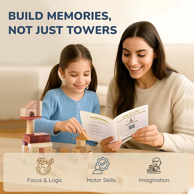 Hexagon Montessori Wooden Building Blocks – 86 Pieces FSC-Certified Beech | Alphabet & Number Blocks with Board Game, Storage Bag & 15-Challenge Guide | Stacking Toy for Kids Ages 3+