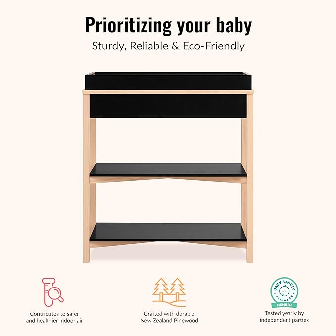 Dream On Me Owen Baby Changing Table, Removable Changing Tray, Spacious Top Storage Drawer, Two Open Shelves, Safety Brackets, JPMA Certified Modern Nursery Furniture – Matte Black Vintage Oak