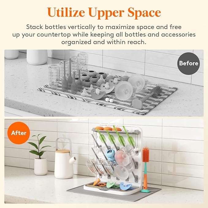 Lifewit Large Baby Bottle Drying Rack with Drain Mat, 15 Hooks Vertical Rack Dryer with Removable Pacifiers Box, Drip Tray, Space Saving Countertop Holder Organizer for Weighted Straws, Pump Parts