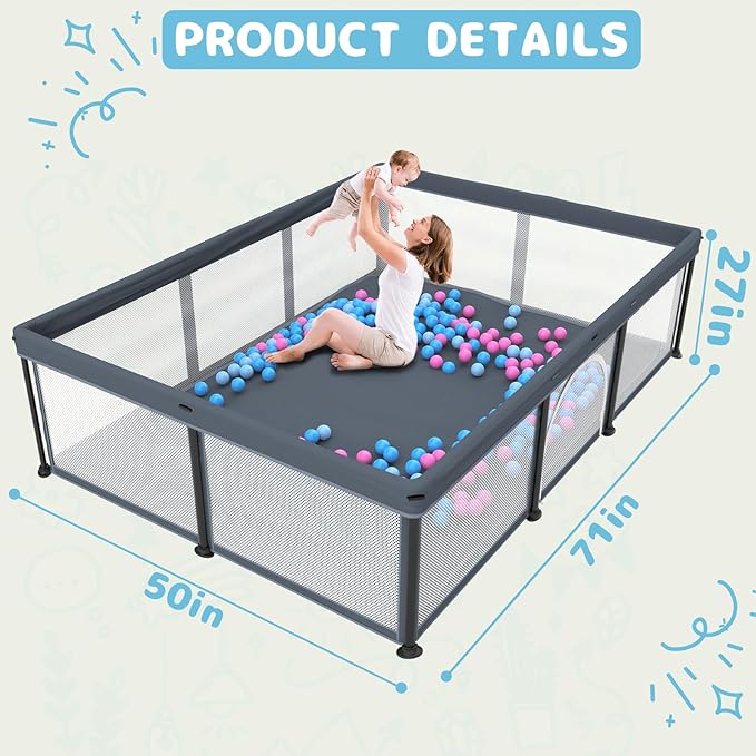 TOREVSIOR Foldable Baby Playpen with Mat, 50"×71" F oldable P laypen for Babies and Toddlers, Indoor & Outdoor Kids Safety Play Pen, Portable Play Yard, Foldable Baby Playpen with 50 Ocean Balls