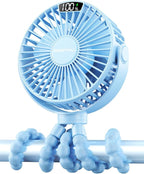 SWEETFULL Portable Stroller Fan with Display 4000mAh Battery Powered Mini Clip On Fan, 4-Speed Rechargeable Small Personal Cooling for Baby Car Seat Crib Travel - Blue