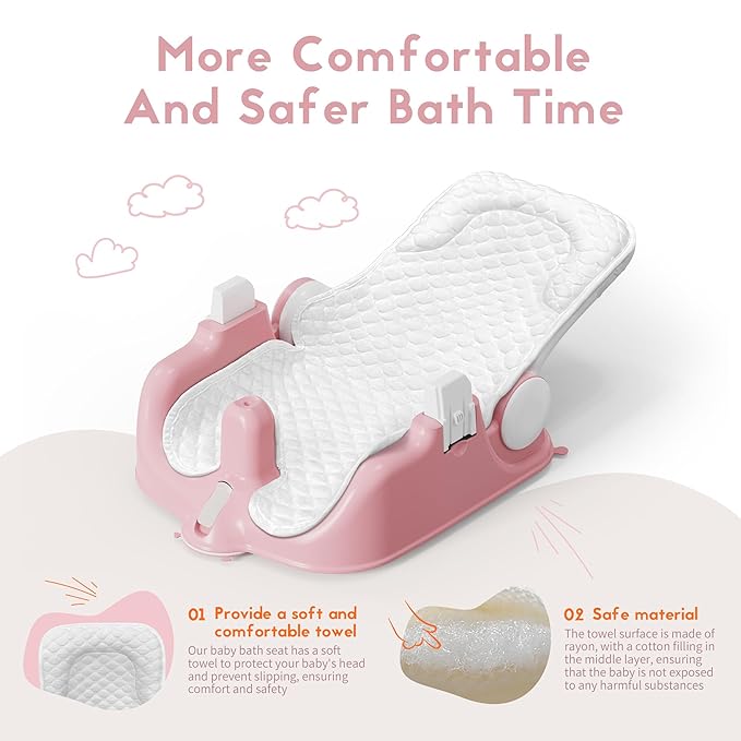 BabyBond Baby Bath Seat with Sitting & Lying 2 Modes, 3-Speed Adjustment, Powerful Suction Cups, Infant Bathtub Chair with Soft and Comfortable Towel, Folding and Hanging