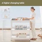 Baby Changing Table, Diaper Changing Station with Pad and Wheels, Two-Tier Open Storage Shelves, Waterproof Diaper pad & Safety Strap, Compact Baby Furniture for Nursery, White