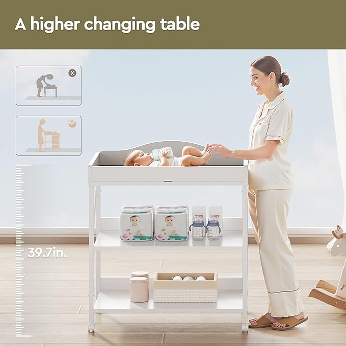 Baby Changing Table, Diaper Changing Station with Pad and Wheels, Two-Tier Open Storage Shelves, Waterproof Diaper pad & Safety Strap, Compact Baby Furniture for Nursery, White