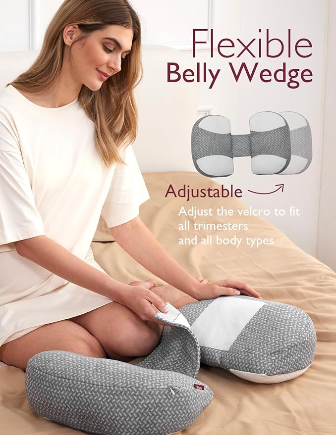 Momcozy Plus W Shaped Pregnancy Pillow for Sleeping - Adjustable Maternity Pillow for Side Sleepers - Portable Wedge Belly Support -Compact Design for Back Belly and HIPS, Grey White