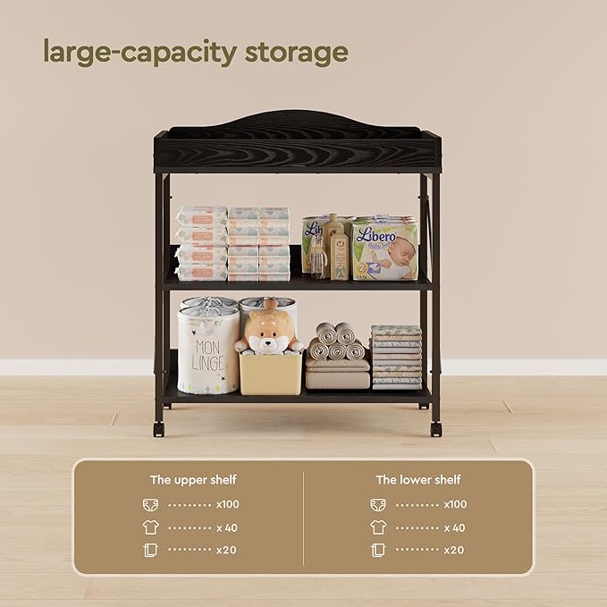 Baby Changing Table, Diaper Changing Station with Pad and Wheels, Two-Tier Open Storage Shelves, Waterproof Diaper pad & Safety Strap,Compact Baby Furniture for Nursery, Black