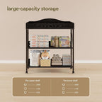 Baby Changing Table, Diaper Changing Station with Pad and Wheels, Two-Tier Open Storage Shelves, Waterproof Diaper pad & Safety Strap,Compact Baby Furniture for Nursery, Black