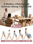 Momcozy DinerPal Wooden High Chair for Babies, Toddlers & Adults Up to 308 Lbs, Convertible Baby Highchair with Food-Grade Tray, Dishwasher-Safe, Adjustable & Ergonomic, Natural Wood