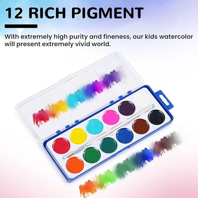 12 Color Watercolor Paint for Kids, 12 Pack Washable Water Color, Classroom Set, Woodbrushes Included