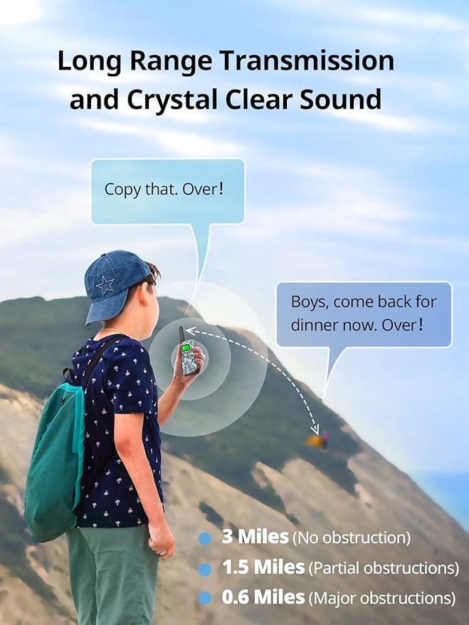 Walkie Talkies for Kids Rechargeable,Toys for Boys and Girls Ages 3-12, 2 Pack Long Range 2-Way Radios, Birthday Gifts,Christmas Stockings, Outdoor Play, Family Games, Hiking Camping Gear
