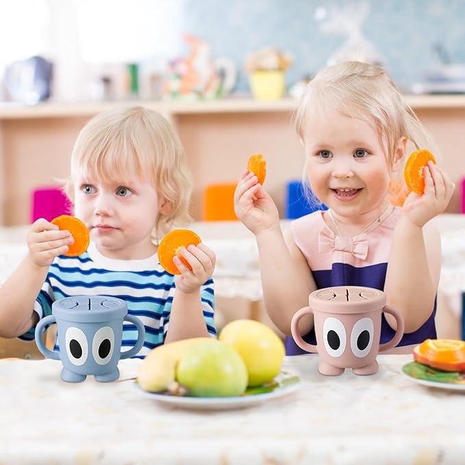 Silicone Snack Cup Food Container for Toddlers and Babies, Spill Proof Training Cup with Snack Cup Lid & Dust Proof Lid, Comes with a toy strap, Without BPA, Lead, or Phthalates (Ether)