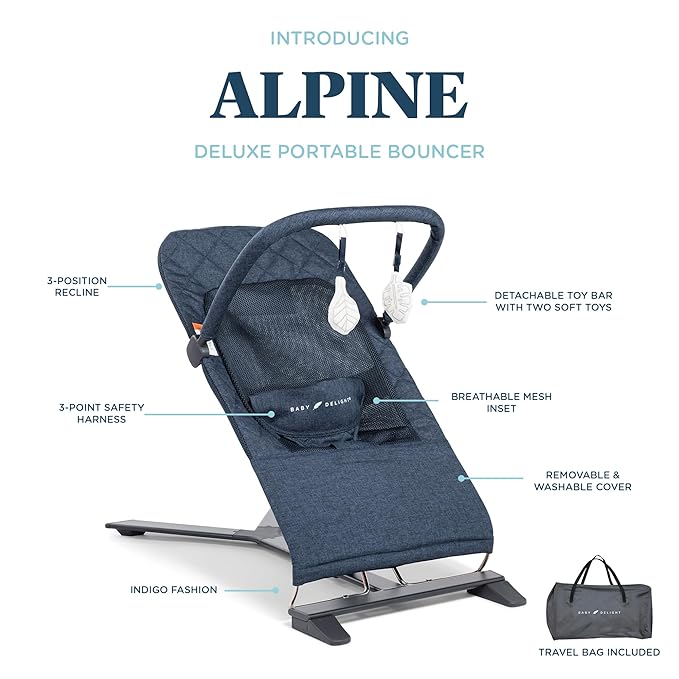 Baby Delight Alpine Deluxe Portable Bouncer, Infant, 0 – 6 Months, Quilted Indigo