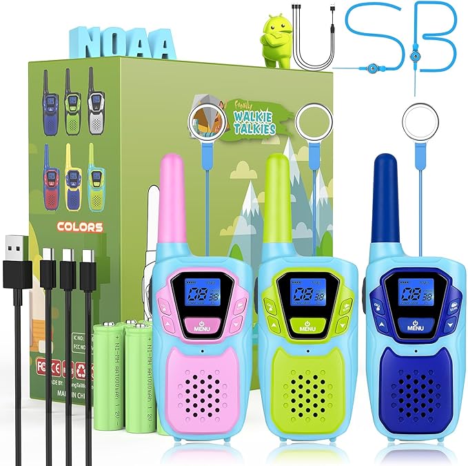 Walkie Talkies for Kids Long Range Rechargeable 4 Miles NOAA Walkie-Talkies for Adults Seniors Toddlers Boys Girls Teens 3 Pack, Family Pink 2 Way Radio Toy for Adventure Camping Skiing Cruise