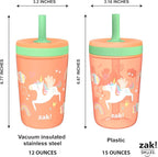Zak Designs Unicorn Kelso Tumbler Set, Leak-Proof Screw-On Lid with Straw, Bundle for Kids Includes Plastic and Stainless Steel Cups with Bonus Sipper, 3pc Set, Non-BPA, 15 fl.oz.