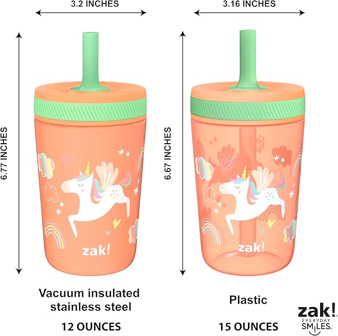 Zak Designs Unicorn Kelso Tumbler Set, Leak-Proof Screw-On Lid with Straw, Bundle for Kids Includes Plastic and Stainless Steel Cups with Bonus Sipper, 3pc Set, Non-BPA, 15 fl.oz.