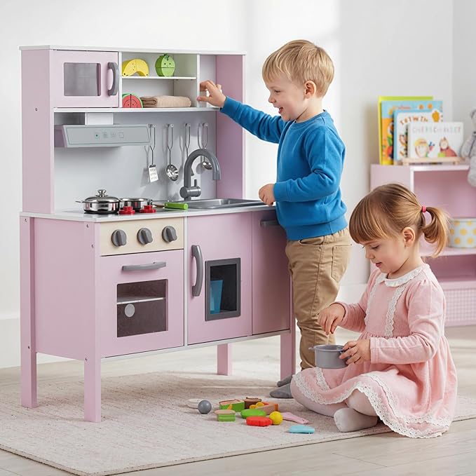 HONEY JOY Kids Kitchen Playset, Wooden Play Kitchen for Toddlers, Microwave, Range Hood, Ice Maker, 18 Cooking Accessories, Little Chef Pretend Play Toy Kitchen Set, Gift for Boys Girls, Pink