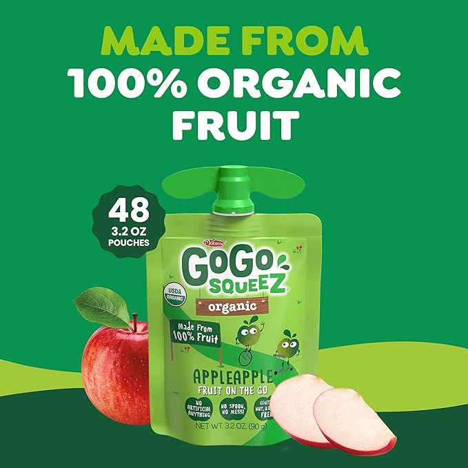 GoGo squeeZ Organic Applesauce and Fruit Puree, Apple Apple, 3.2 oz (Pack of 48), Unsweetened Organic Fruit Snacks for Kids, Gluten Free, Nut Free and Dairy Free, Recloseable Cap, BPA Free Pouches