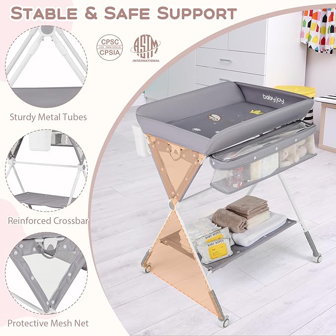 BABY JOY Portable Baby Changing Table, Foldable Diaper Changing Station with Wheels, Adjustable Height, Large Storage Rack, Trash Can, Mobile Nursery Organizer for Newborn Infant (Gray)