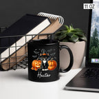 Custom Tuxedo Halloween Coffee Mugs with Name, Personalized Tuxedo with Pumpkins Ceramic Cups, Cat Wearing Witch Hat Black Mug, Cat Halloween Cup 11oz 15oz, Gift for Men Women Pet Lover