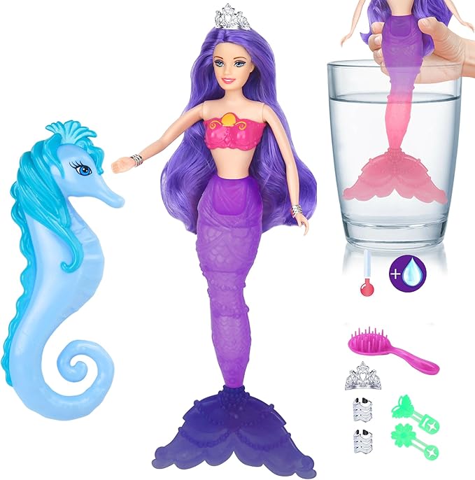 BETTINA Magical Color Changing Mermaid Doll, Princess Mermaid Toy with Seahorse & Dolls Accessories - Vibrant Purple Hair and Transforming Tail, Mermaid Gifts Toys for Girls Aged 3-7