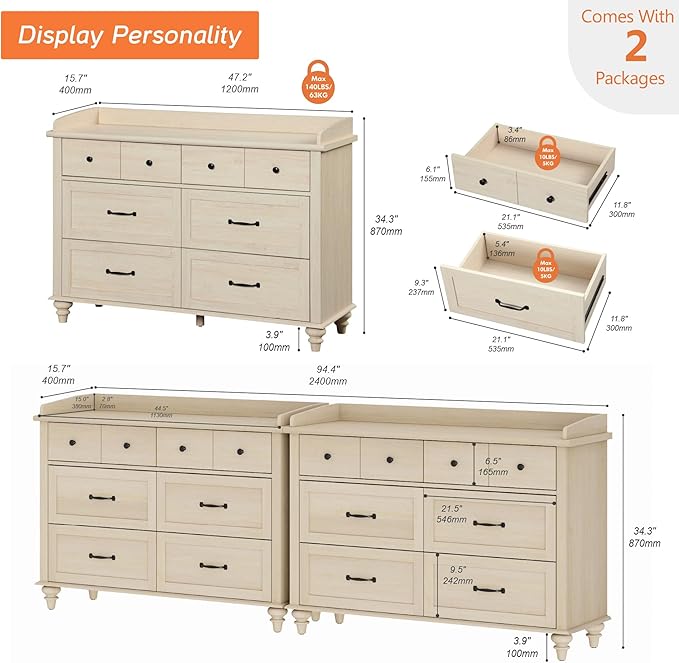 WAMPAT Set of 2 Kids Dresser with 12 Drawers, 2-in-1 Baby Dresser for Bedroom & Kids Room, Rustic Chests & Dressers Wooden Closet Organizer for Children's Bedroom, Beige