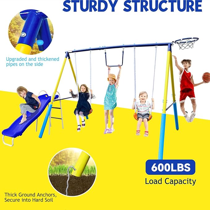 5-in-1 Backyard Swing Set for Kids Ages 3-8 | Outdoor Playset with Slide, 2 Safe Swing Seats, Basketball Hoop & Gymnastics Rings | Heavy-Duty HDPE & Steel Frame