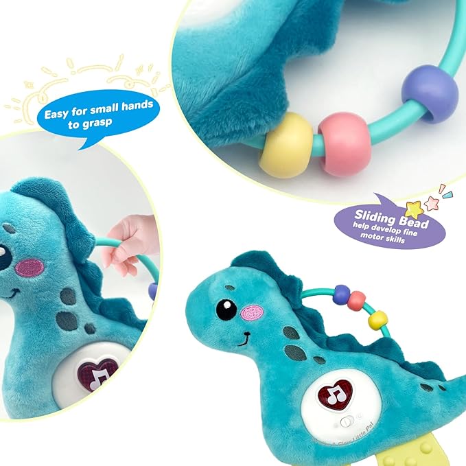 Baby Musical Activity Soft Toys with Sound & Light, Sensory Toys for Infant Developmental with Teether, Rattle and Textures, Soft Plush Toy for Newborn Gift 6 to 12 Months (Blue Dinosaur)