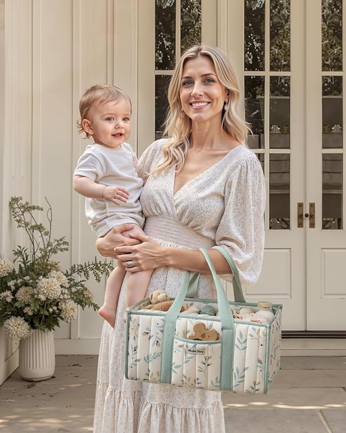 Blissful Diary Leaf Diaper Caddy Organizer, Stylish Nursery Storage Basket, Gift for Baby Shower, Newborn Essentials, Sage Leaf