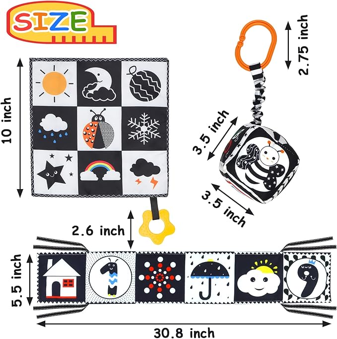 KUANGO 3 PCS Black and White High Contrast Baby Toys Newborn Toys 0-6 Months, Visual Stimulation Sensory Soft Book, Infant Tummy Time Toys 0-3-6 Months Baby Gifts