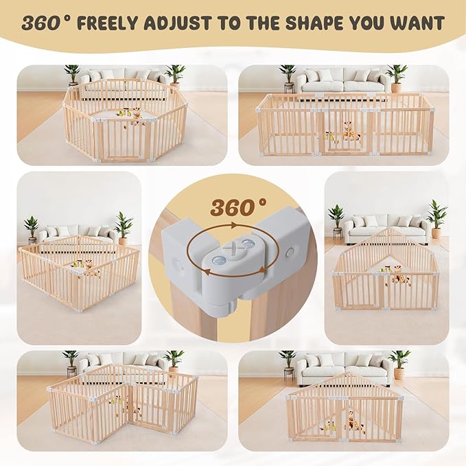 Foldable Wooden Playpen, Large Baby Wood Playpen with Locking Gate for Babies and Toddler 1-3 Year, Portable Play Yard for Activity Center Indoor Outdoor(Wood, 8 Panel)