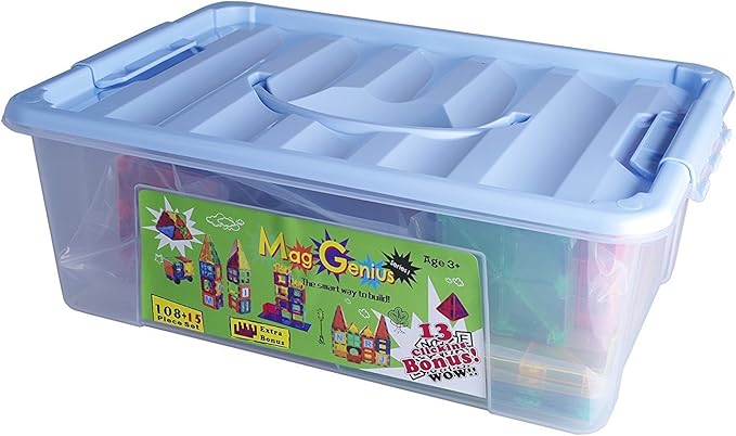 Magnet Tiles - Clear Magnetic 3D Building Blocks - Educational Toys, Games, Activities, Puzzles - Creativity, Motor Skills, Learning Shapes - Storage Bin, 2 Car Base, 120pcs, 13 Click-Ins