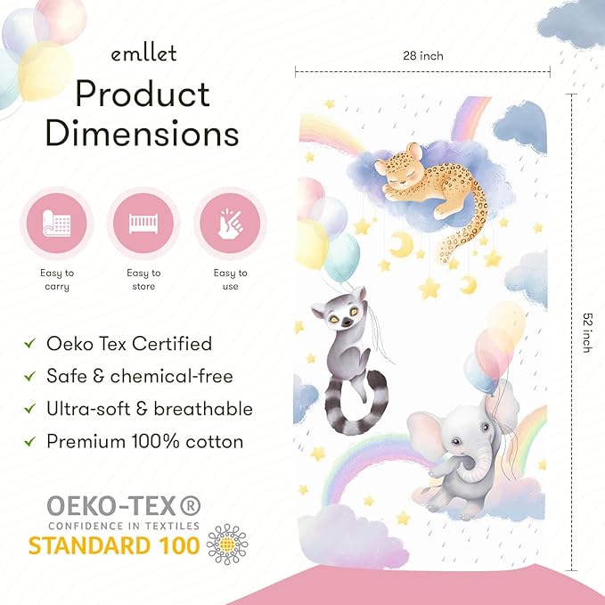 100% Cotton Fitted Crib Sheet, Rainbow Safari Animals Design, Sleepy Jaguar Elephant Lemur Pattern, Fits Standard 52 x 28 in Crib Mattress