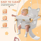 Wooden Hanging Baby Swing with Soft Safety Belt, Cozy Infant Swing Seat for Indoor & Outdoor Use, Adjustable Height, Includes Mounting Hardware – Suitable for Babies & Toddlers（Fox-Themed in Gray