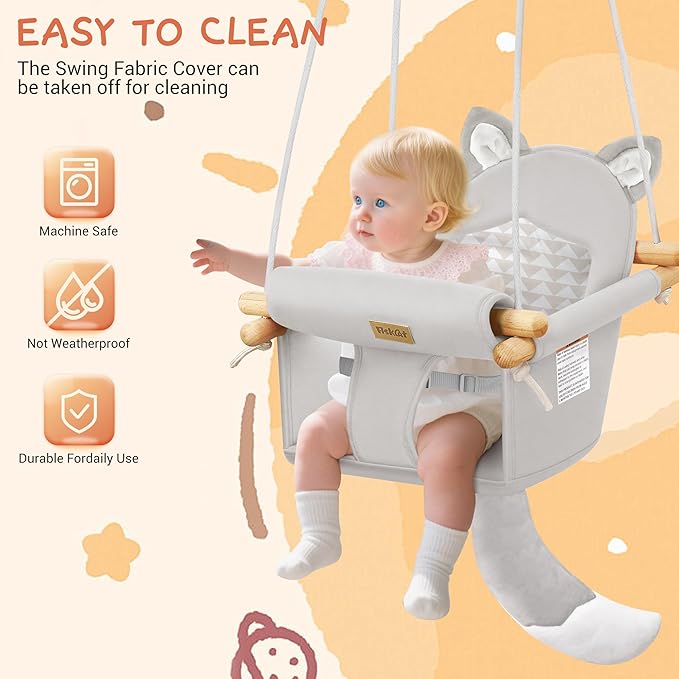 Wooden Hanging Baby Swing with Soft Safety Belt, Cozy Infant Swing Seat for Indoor & Outdoor Use, Adjustable Height, Includes Mounting Hardware – Suitable for Babies & Toddlers（Fox-Themed in Gray