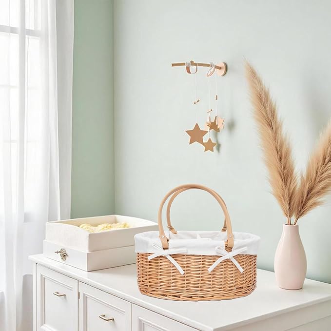 Handwoven Wicker Diaper Caddy Organizer, Multi - functional Baby Diaper Bag for Nursery & Home Storage, Detachable Lining, PU Handles, Baby Registry Must Haves (Wicker)