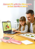 2-in-1 Microscope Camera for Kids, Mini Handheld Microscope Supporting Multiple Viewing Angles, Outdoor Educational Science Adventure Toys, Birthday Gifts for 3-10 Years Old Girls, Pink Cat