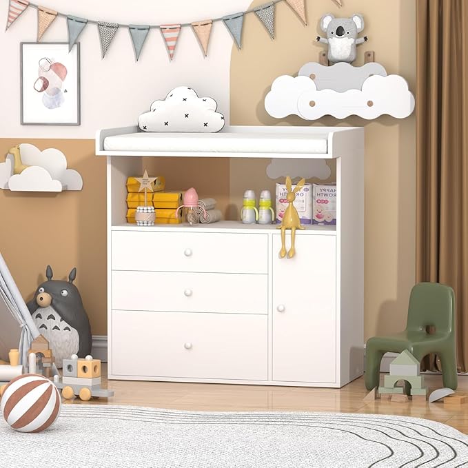 Baby Changing Table Dresser with Wide Tabletop, 3 Drawers & Open Storage Space, Baby Dresser with Changing Table Top, Perfect for Baby Bedrooms & Nurseries (Extra Large)